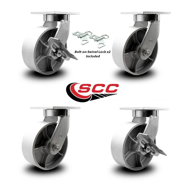 8 Inch Heavy Duty Semi Steel Cast Iron Caster Swivel Lock 2 Brakes SCC, 2PK